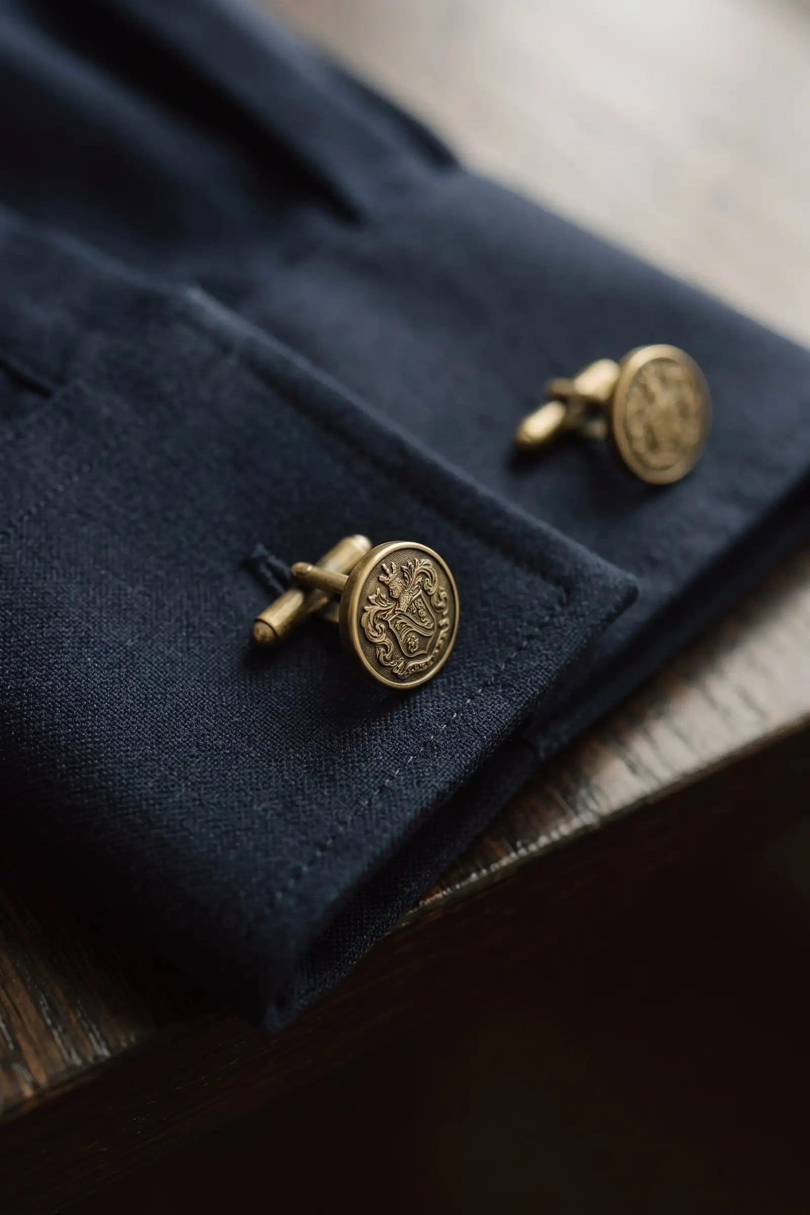 A pair of gold cufflinks on dark cloth