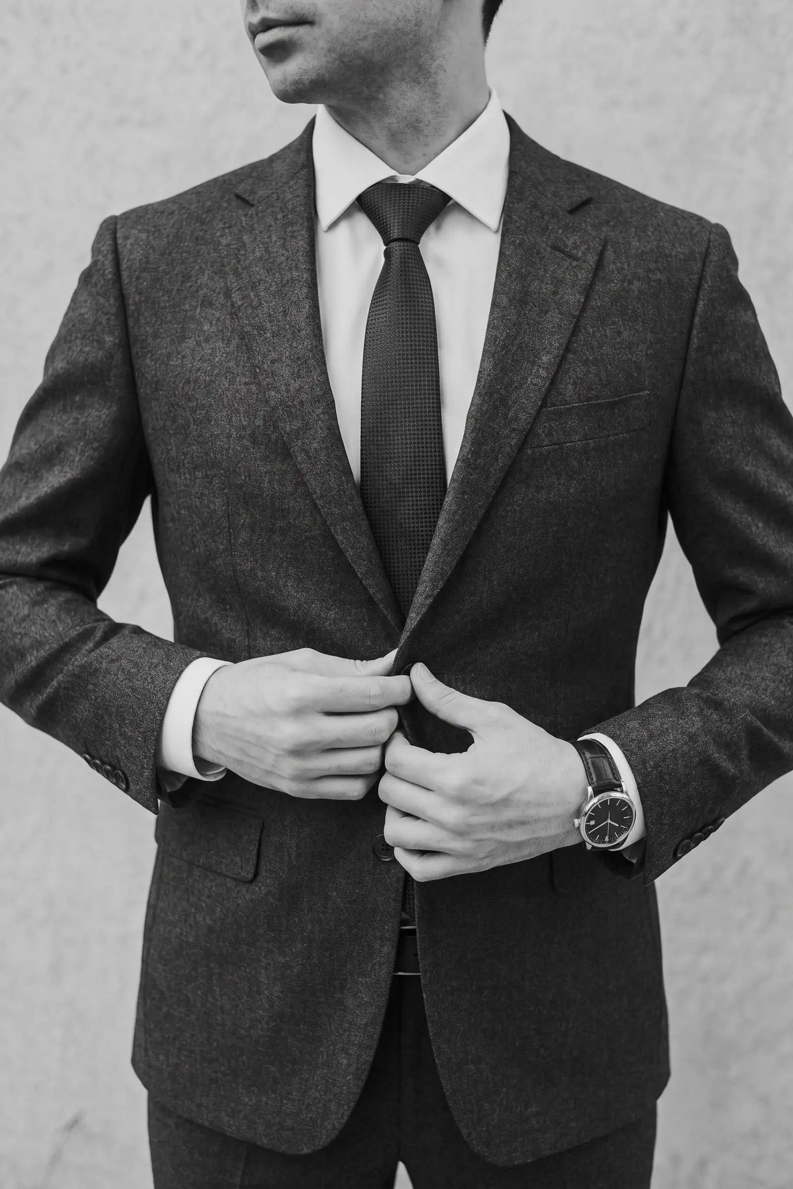 A man buttoning a tailored suit jacket