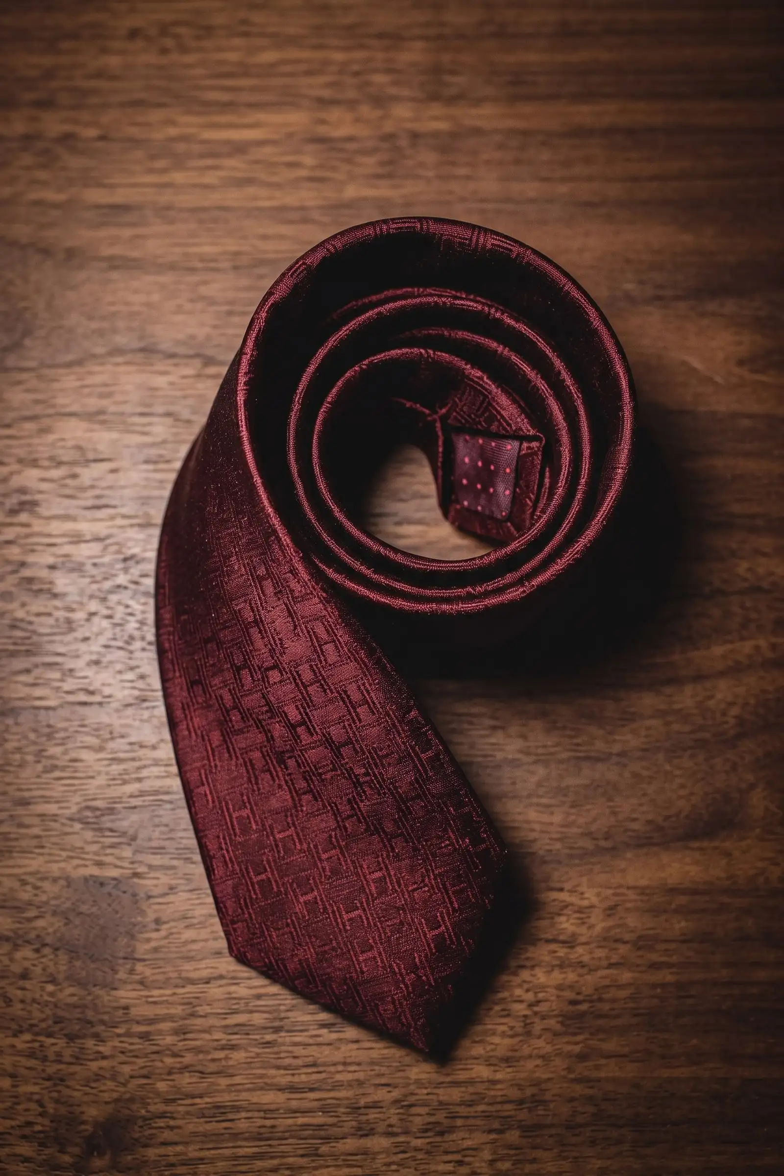A rolled silk tie on a dark surface